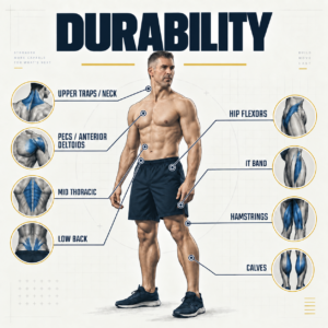 Illustration titled Durability showing an athletic man with key joints and muscle areas labeled