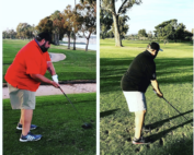 Side-by-side photos of client Dan golfing before and after his weight loss