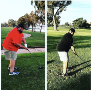 Side-by-side photos of client Dan golfing before and after his weight loss