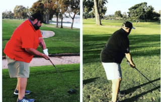 Side-by-side photos of client Dan golfing before and after his weight loss