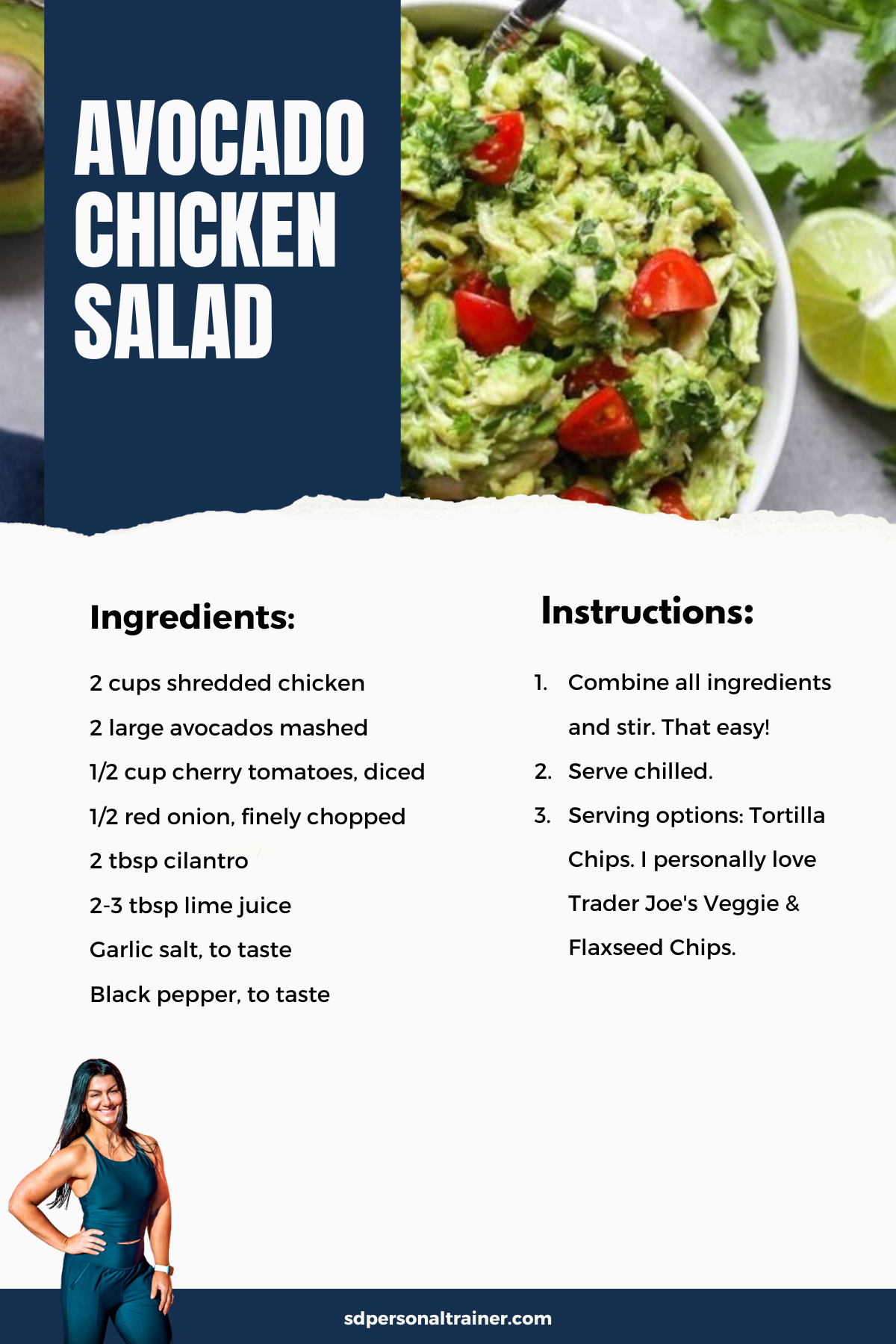Avocado chicken salad recipe card for rotisserie chicken meal prep